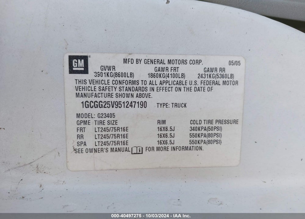 2005 CHEVROLET EXPRESS VIN: 1GCGG25V951247190