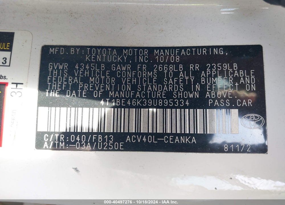 2009 TOYOTA CAMRY LE VIN: 4T1BE46K39U895334