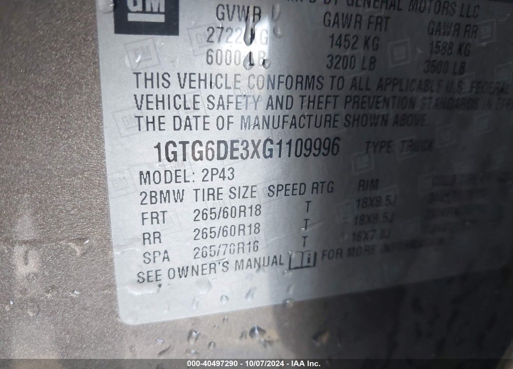 2016 GMC CANYON VIN: 1GTG6DE3XG1109996