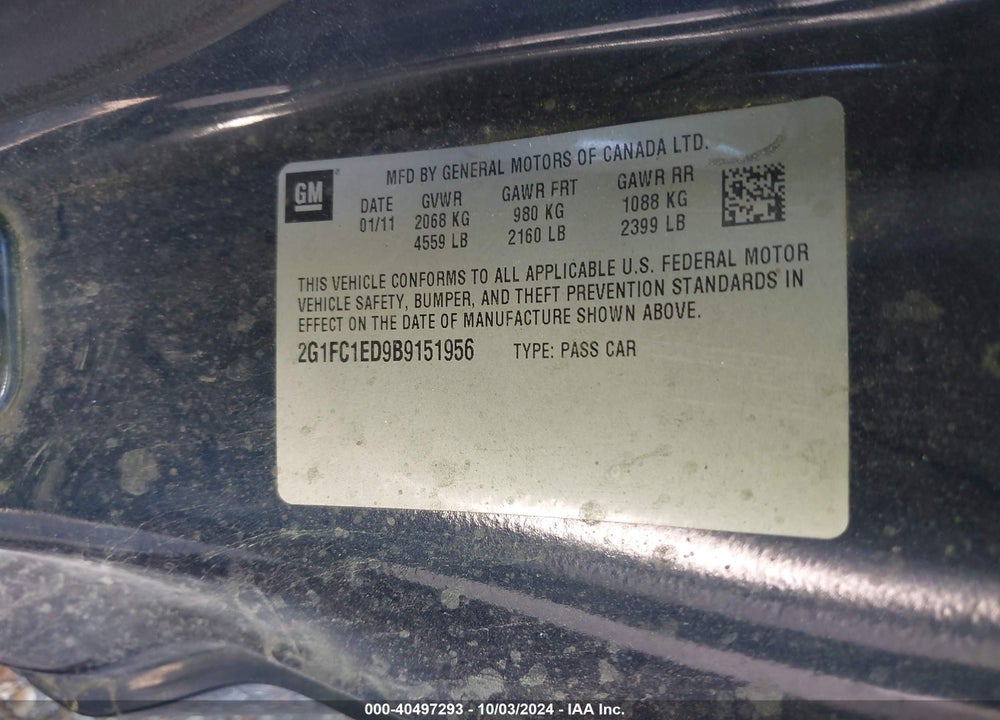 2011 CHEVROLET CAMARO VIN: 2G1FC1ED9B9151956