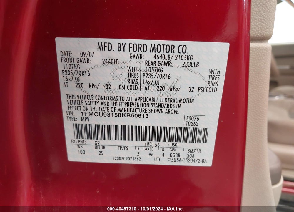 2008 FORD ESCAPE XLT VIN: 1FMCU93158KB50613