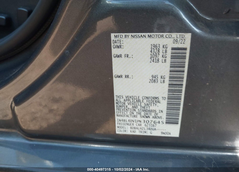 2023 NISSAN ALTIMA SV FWD VIN: 1N4BL4DV1PN307645
