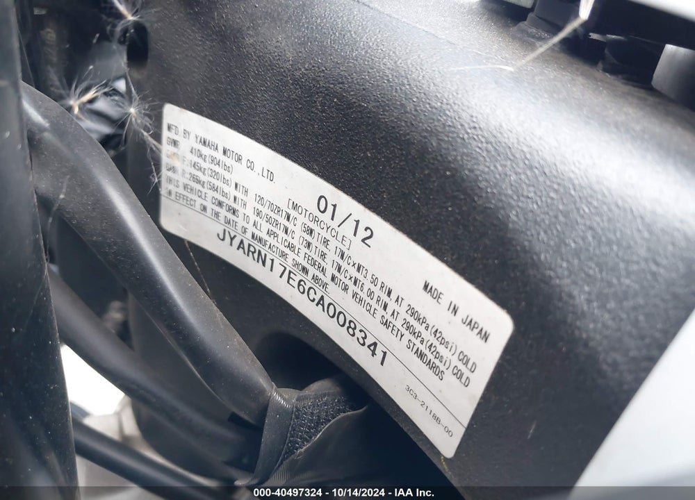 2012 YAMAHA FZ1 S VIN: JYARN17E6CA008341