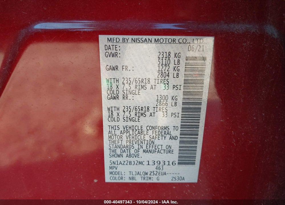 2021 NISSAN MURANO SV FWD VIN: 5N1AZ2BJ2MC139316