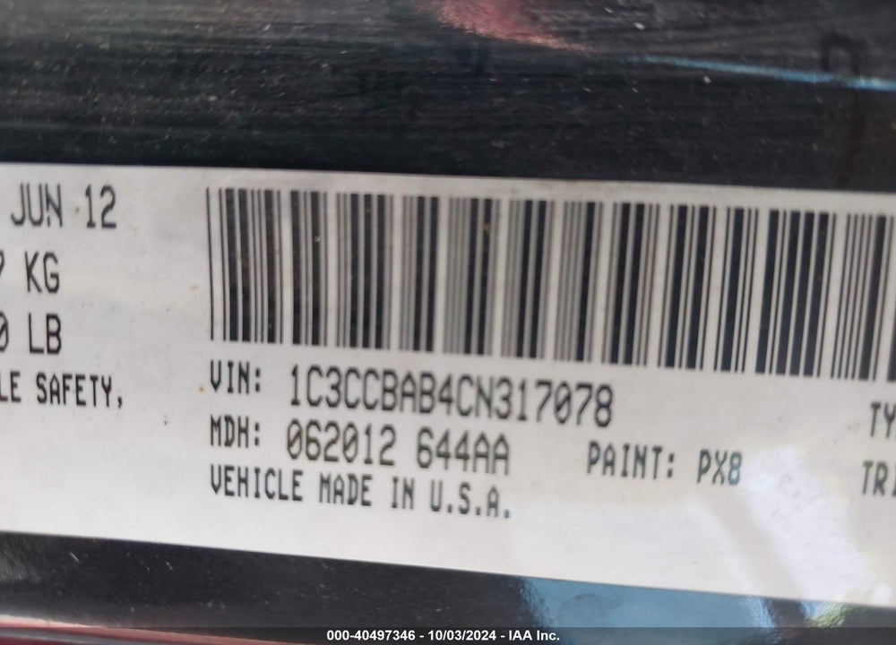 2012 CHRYSLER 200 LX VIN: 1C3CCBAB4CN317078