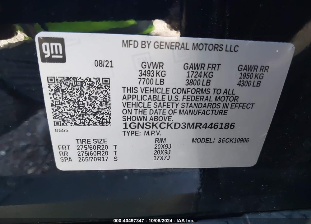 2021 CHEVROLET SUBURBAN 4WD LT VIN: 1GNSKCKD3MR446186