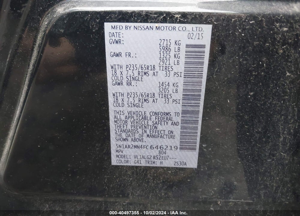 2015 NISSAN PATHFINDER SL VIN: 5N1AR2MN4FC646219