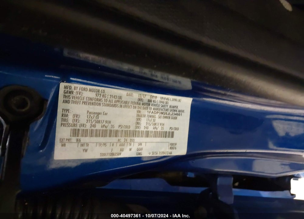 2018 FORD FOCUS SEL VIN: 1FADP3M26JL234661