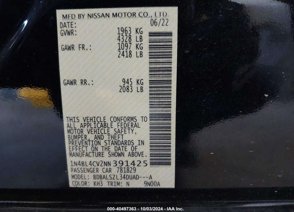 2022 NISSAN ALTIMA SR FWD VIN: 1N4BL4CV2NN391425
