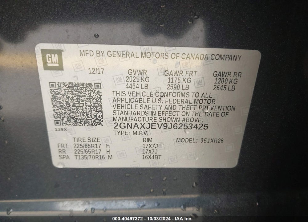 2018 CHEVROLET EQUINOX LT VIN: 2GNAXJEV9J6253425