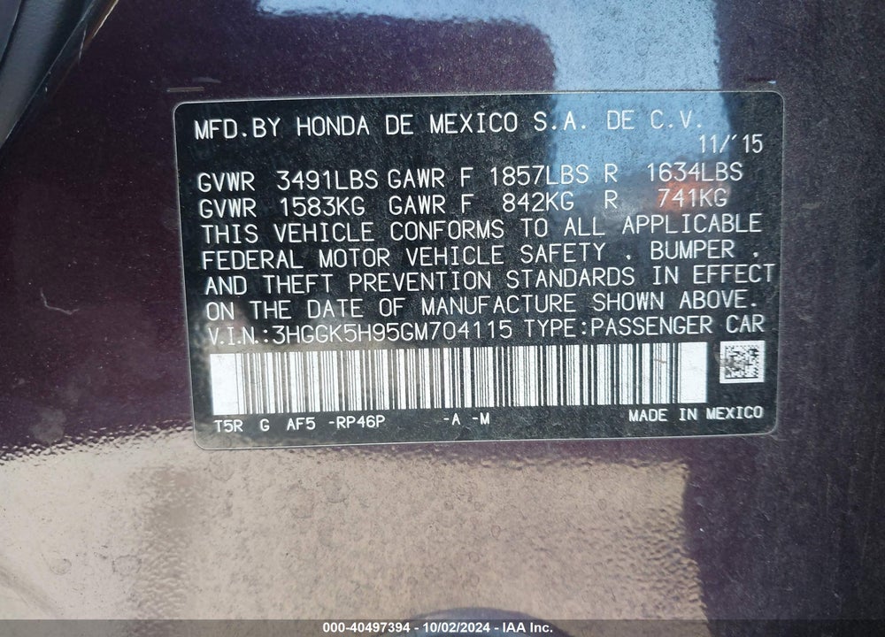 2016 HONDA FIT EX-L VIN: 3HGGK5H95GM704115