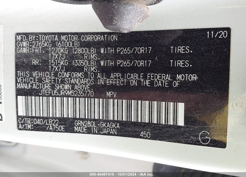 2021 TOYOTA 4RUNNER SR5 PREMIUM VIN: JTEFU5JR9M5235770