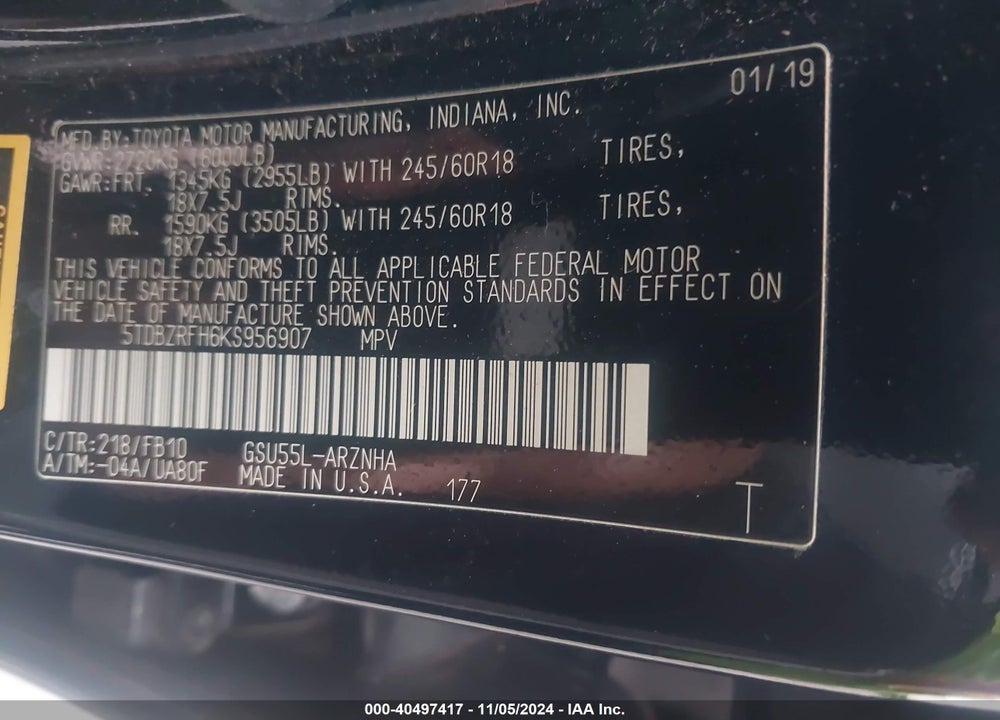 2019 TOYOTA HIGHLANDER LE VIN: 5TDBZRFH6KS956907
