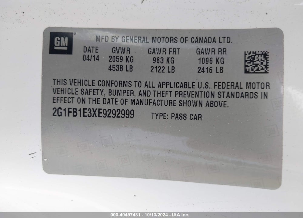 2014 CHEVROLET CAMARO 1LT VIN: 2G1FB1E3XE9292999