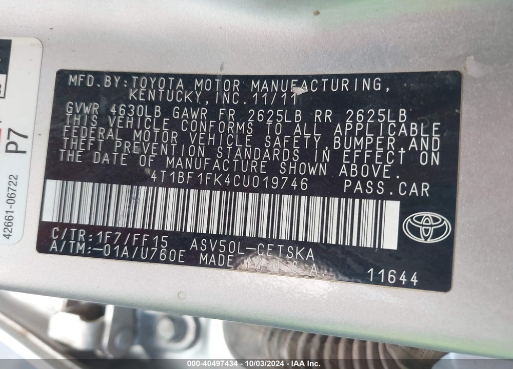 2012 TOYOTA CAMRY SE VIN: 4T1BF1FK4CU019746