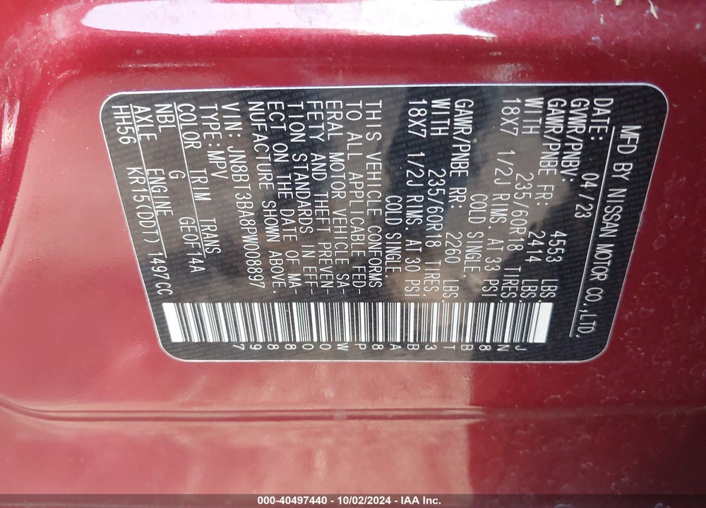 2023 NISSAN ROGUE SV FWD VIN: JN8BT3BA8PW008897