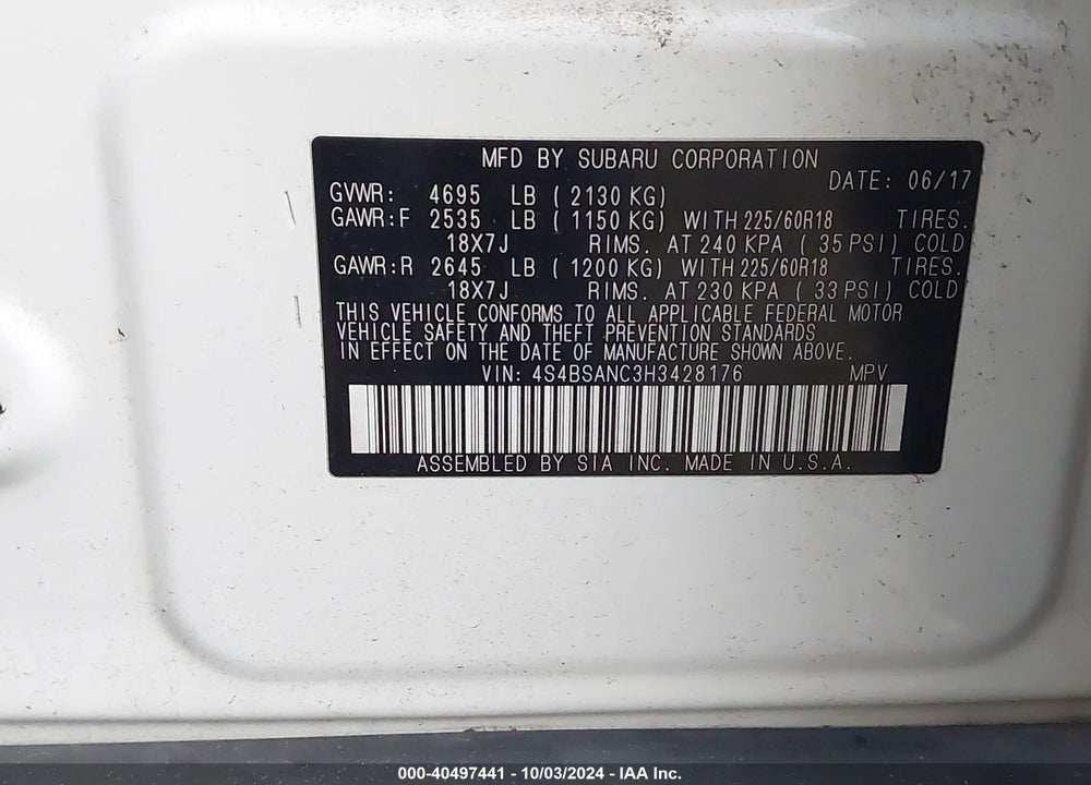 2017 SUBARU OUTBACK 2.5I LIMITED VIN: 4S4BSANC3H3428176