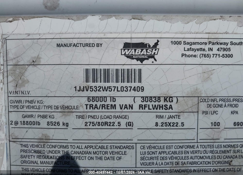 2007 WABASH NATIONAL CORP --- VIN: 1JJV532W57L037409