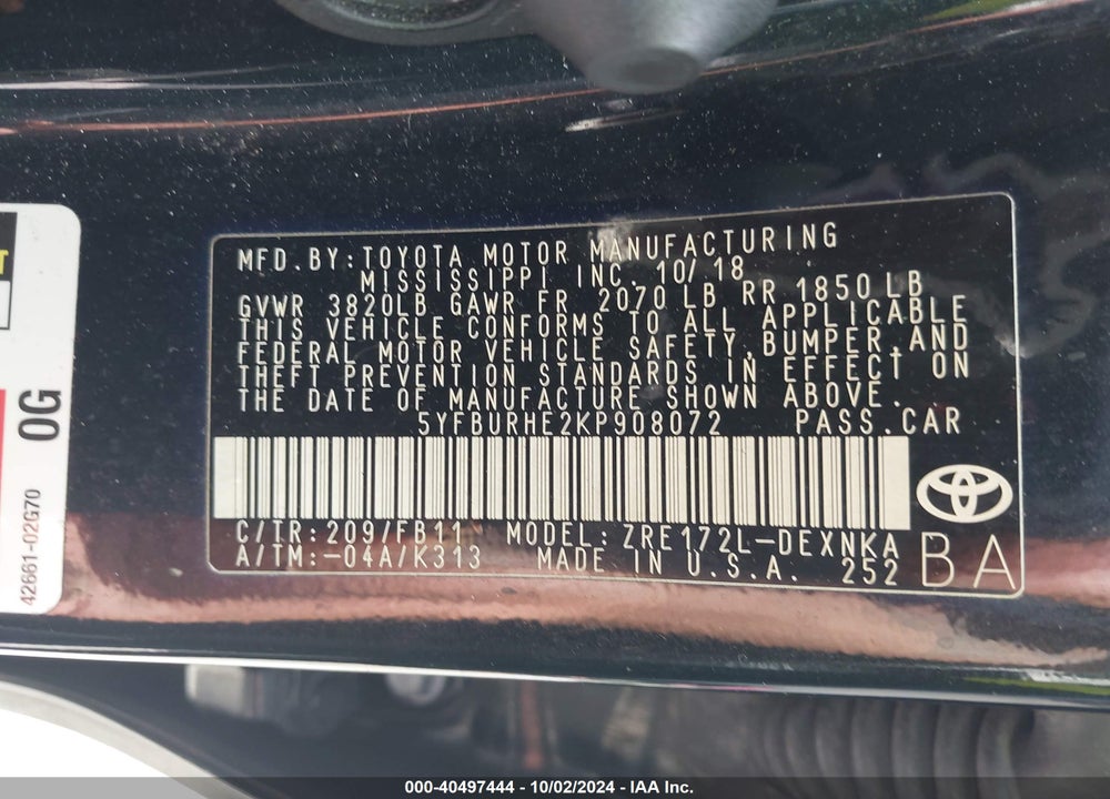 2019 TOYOTA COROLLA LE VIN: 5YFBURHE2KP908072