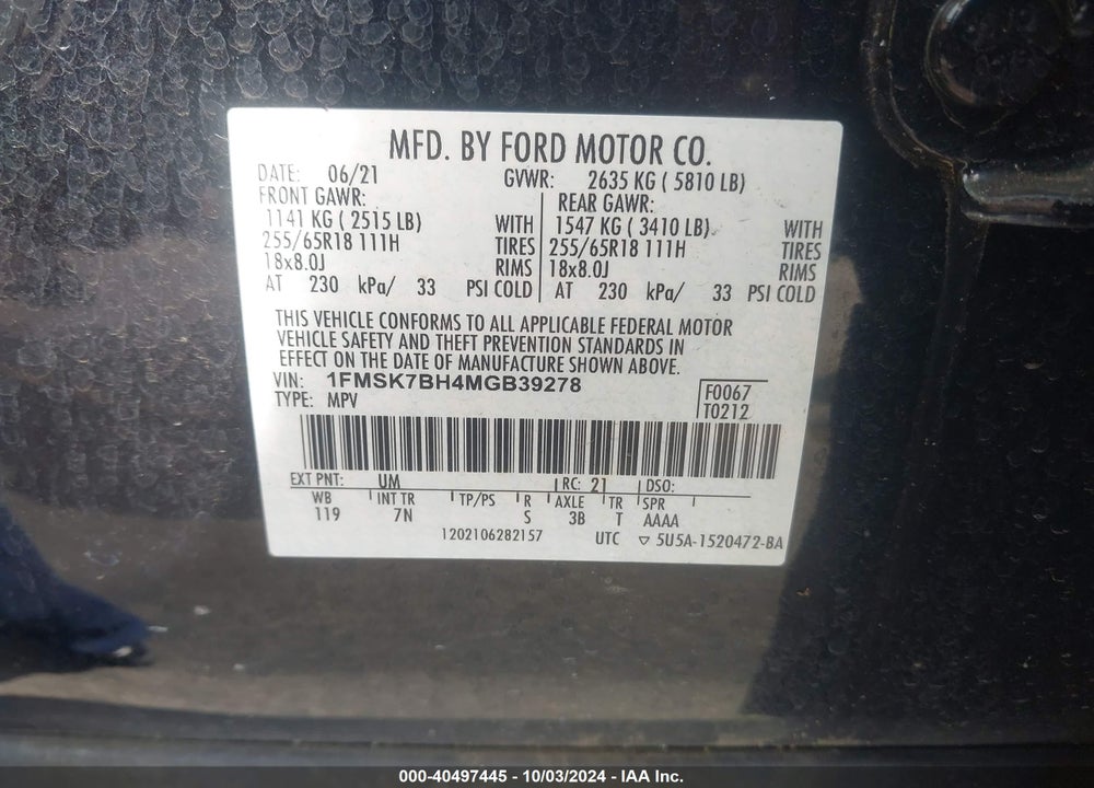 2021 FORD EXPLORER VIN: 1FMSK7BH4MGB39278