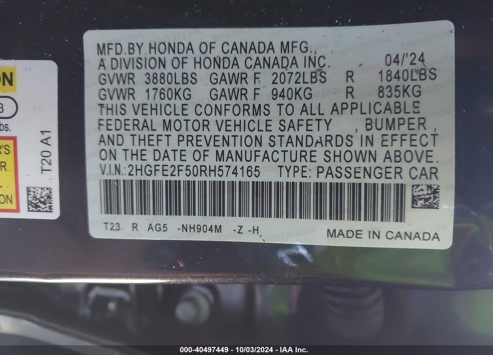 2024 HONDA CIVIC SPORT VIN: 2HGFE2F50RH574165
