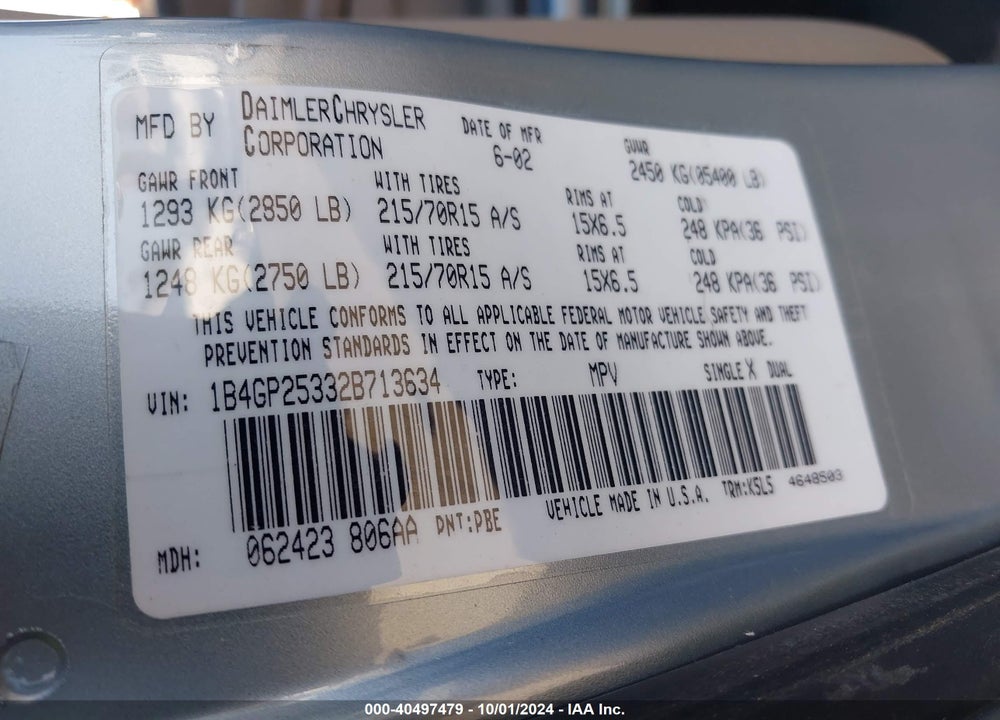 2002 DODGE CARAVAN SE VIN: 1B4GP25332B713634