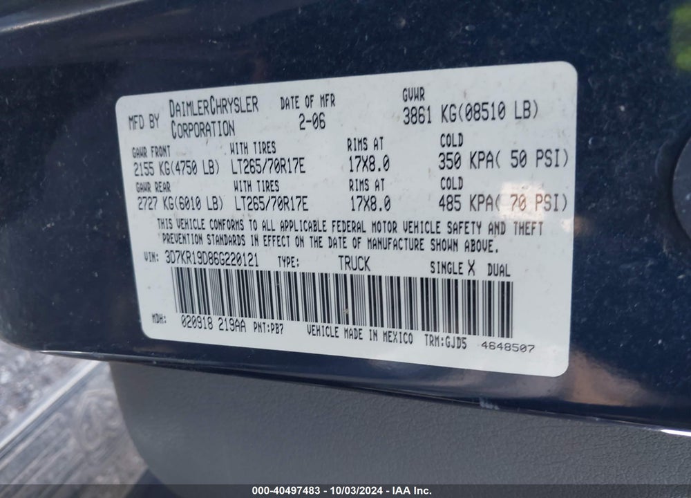 2006 DODGE RAM 1500 LARAMIE VIN: 3D7KR19D86G220121
