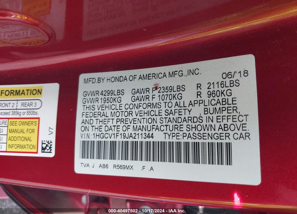 2018 HONDA ACCORD LX VIN: 1HGCV1F19JA211344