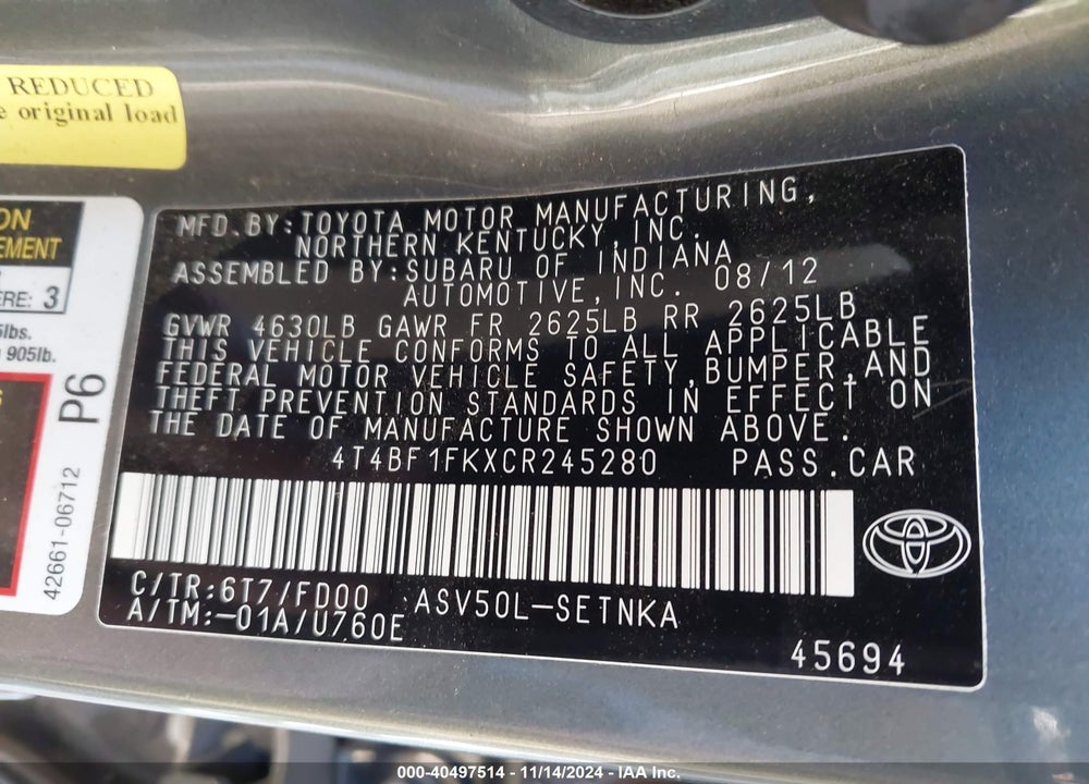 2012 TOYOTA CAMRY LE VIN: 4T4BF1FKXCR245280
