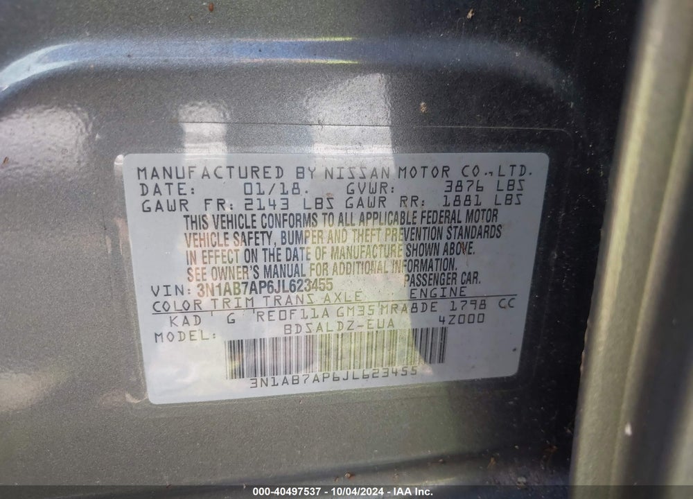 2018 NISSAN SENTRA VIN: 3N1AB7AP6JL623455