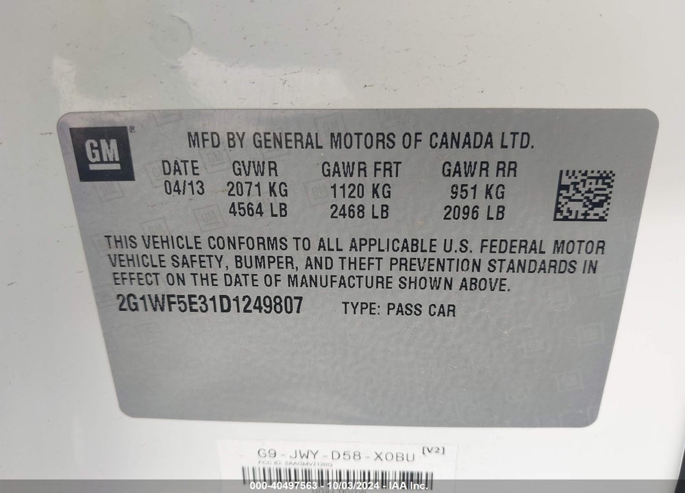 2013 CHEVROLET IMPALA VIN: 2G1WF5E31D1249807