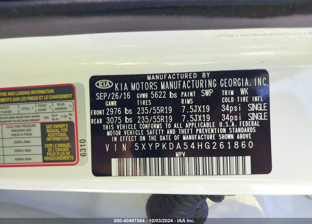 2017 KIA SORENTO 3.3L SX VIN: 5XYPKDA54HG261860