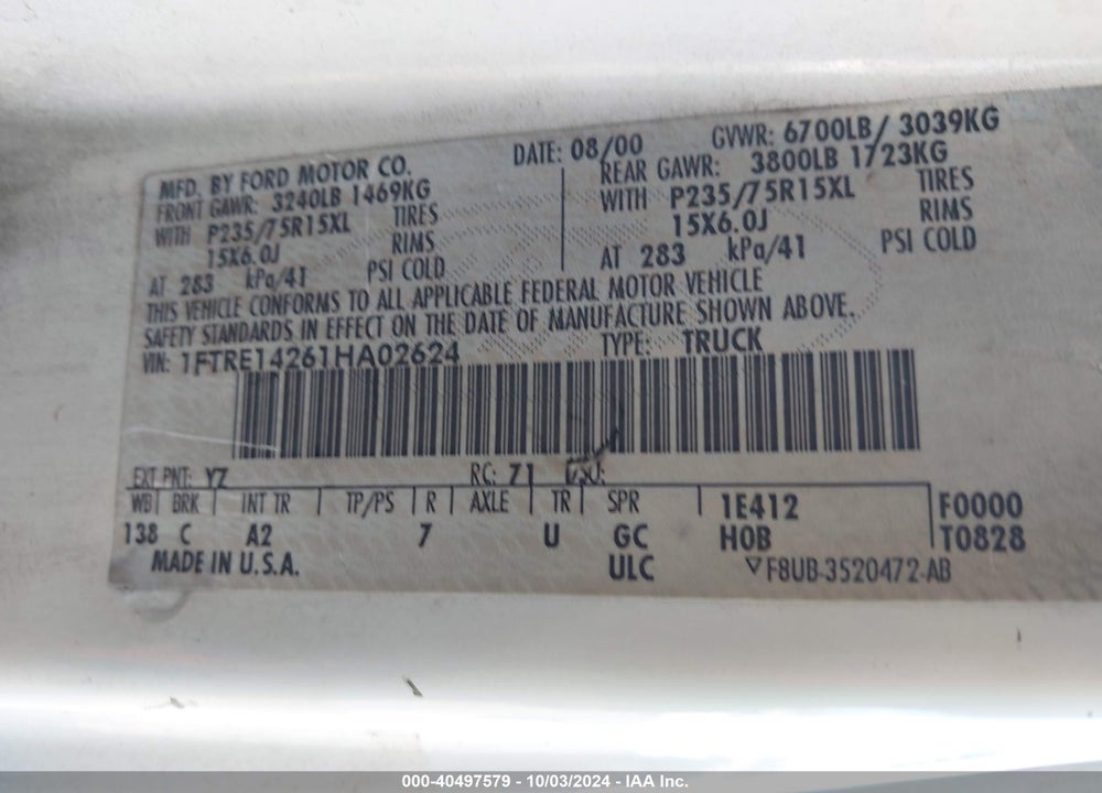 2001 FORD E-150 COMMERCIAL/RECREATIONAL VIN: 1FTRE14261HA02624