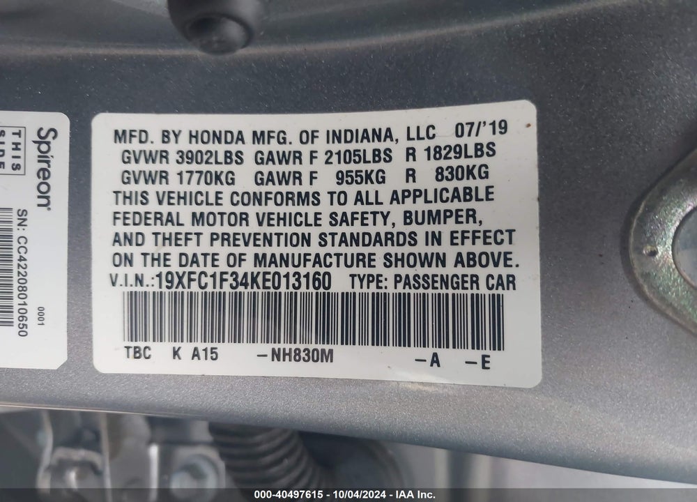 2019 HONDA CIVIC EX VIN: 19XFC1F34KE013160