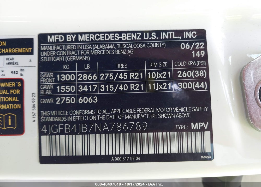 2022 MERCEDES-BENZ GLE 350 VIN: 4JGFB4JB7NA786789