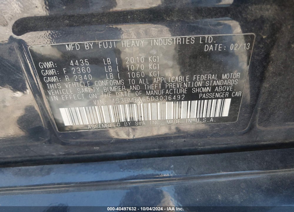 2013 SUBARU LEGACY 2.5I VIN: 4S3BMBA65D3036492