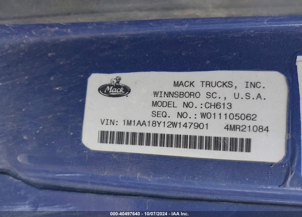 2002 MACK CH613 CH600 VIN: 1M1AA18Y12W147901