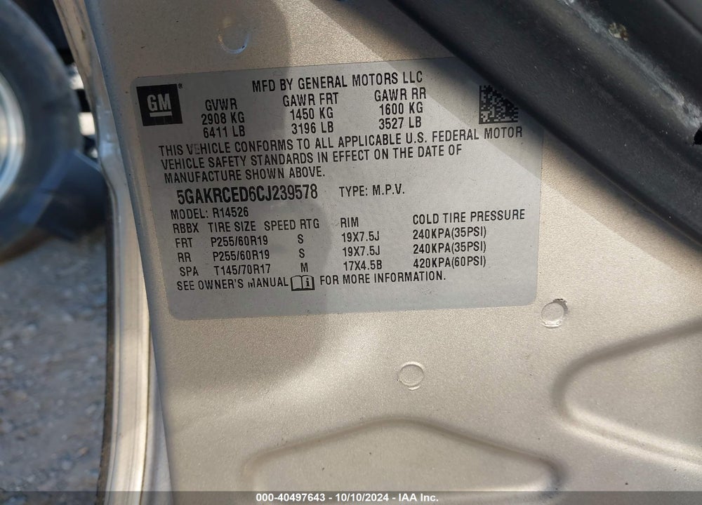 2012 BUICK ENCLAVE LEATHER VIN: 5GAKRCED6CJ239578