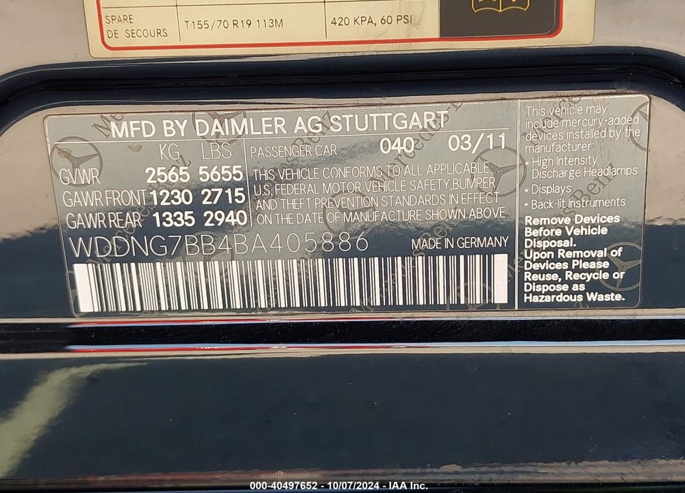 2011 MERCEDES-BENZ S 550 VIN: WDDNG7BB4BA405886