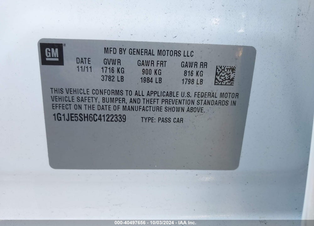 2012 CHEVROLET SONIC VIN: 1G1JE5SH6C4122339