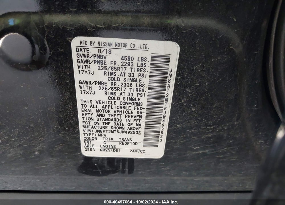 2018 NISSAN ROGUE SV VIN: JN8AT2MT6JW492533