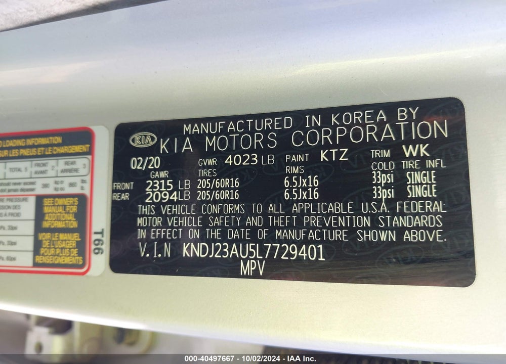 2020 KIA SOUL LX VIN: KNDJ23AU5L7729401