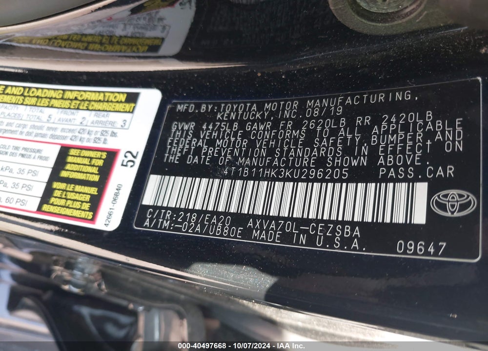 2019 TOYOTA CAMRY SE VIN: 4T1B11HK3KU296205