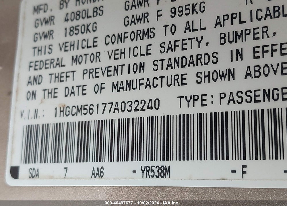 2007 HONDA ACCORD 2.4 VP VIN: 1HGCM56177A032240