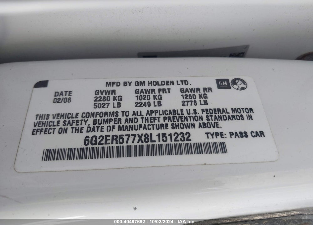 2008 PONTIAC G8 VIN: 6G2ER577X8L151232