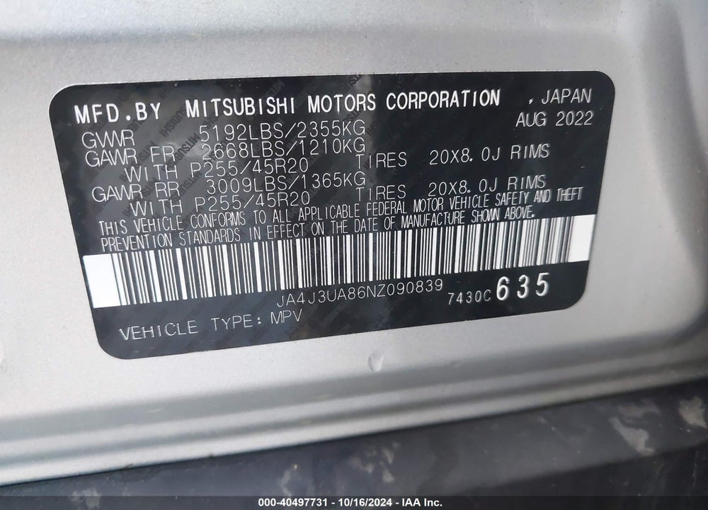 2022 MITSUBISHI OUTLANDER BLACK EDITION 2WD/SE 2.5 2WD/SE LAUNCH EDITION 2WD VIN: JA4J3UA86NZ090839