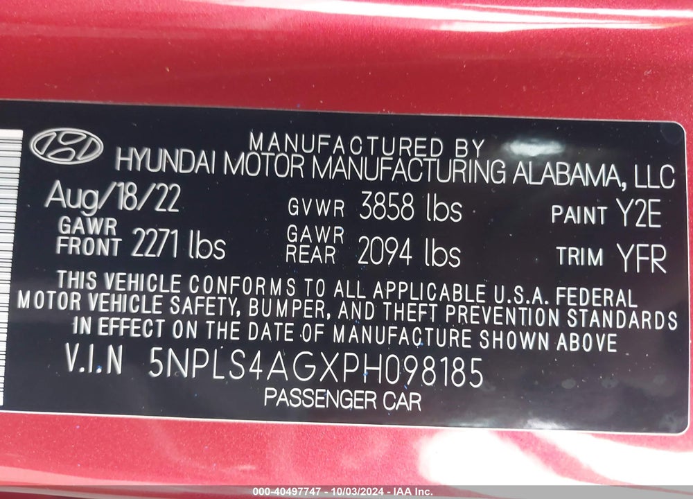 2023 HYUNDAI ELANTRA SEL VIN: 5NPLS4AGXPH098185