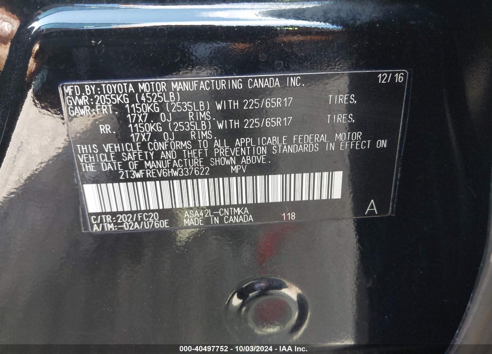 2017 TOYOTA RAV4 XLE VIN: 2T3WFREV6HW337622