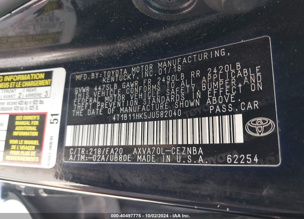 2018 TOYOTA CAMRY LE VIN: 4T1B11HK5JU582040