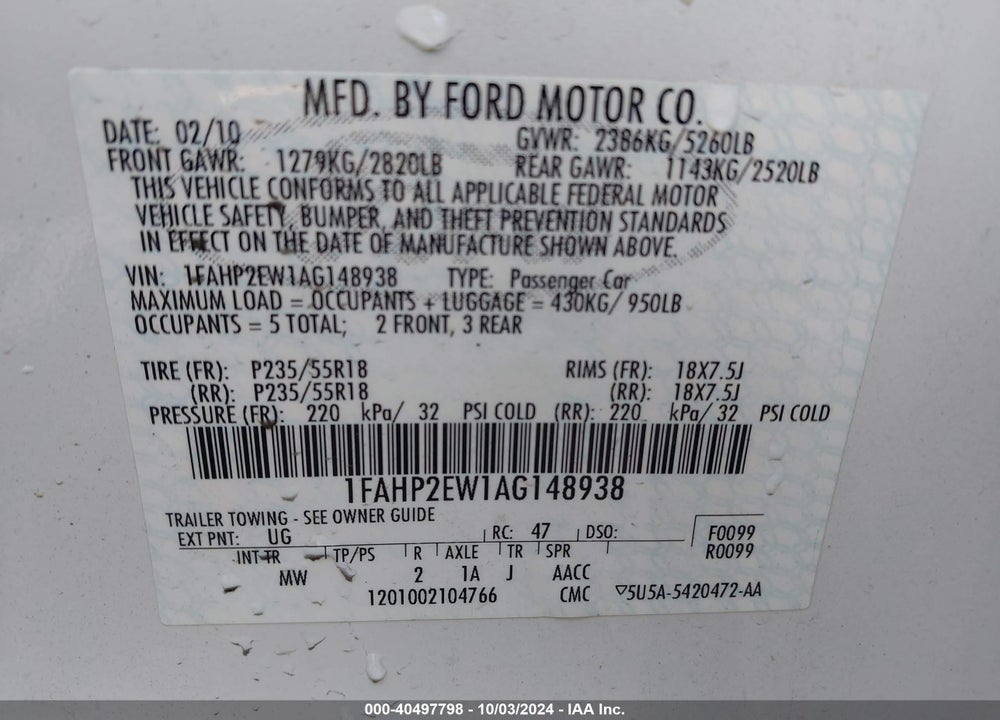 2010 FORD TAURUS SEL VIN: 1FAHP2EW1AG148938